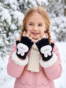 1 Pair 5-15Y Girls Cute 3D Rabbit Flap Half-Finger Plush Gloves, Sweet Accessory, Mid-To-Large Kids, Girls, Autumn/Winter Half-Warm Half-Length Gloves With Exposed Fingers - 1Pair - View 12