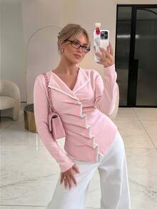 Women's Autumn Outfit: Elegant V-Neck Pink Fashionable Long-Sleeve Button-Up Cardigan Sweater, Suitable For Everyday And Commuting Wear. - Pink - View 10