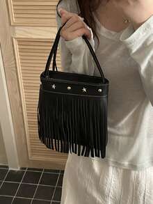 Women's Western Fringe Crossbody Bag, Star Rivet Decor Square Purse, Casual Adjustable Strap Shoulder Handbag For Daily Party - Black - View 3