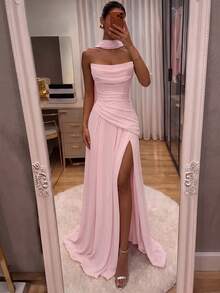 ADYCE Elegant Halter Tie Sweetheart Neckline High Waist Pleated High Slit Backless Floor Length Party Dress, Suitable For Prom, Birthday, Christmas, Wedding - Baby Pink - View 1