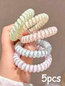5pcs New Thick Rabbit Print Spiral Hair Ties, High Elasticity Versatile Daily Hair Bands, Minimalist No-Crease Hair Accessories Wristbands - Multicolor - View 1