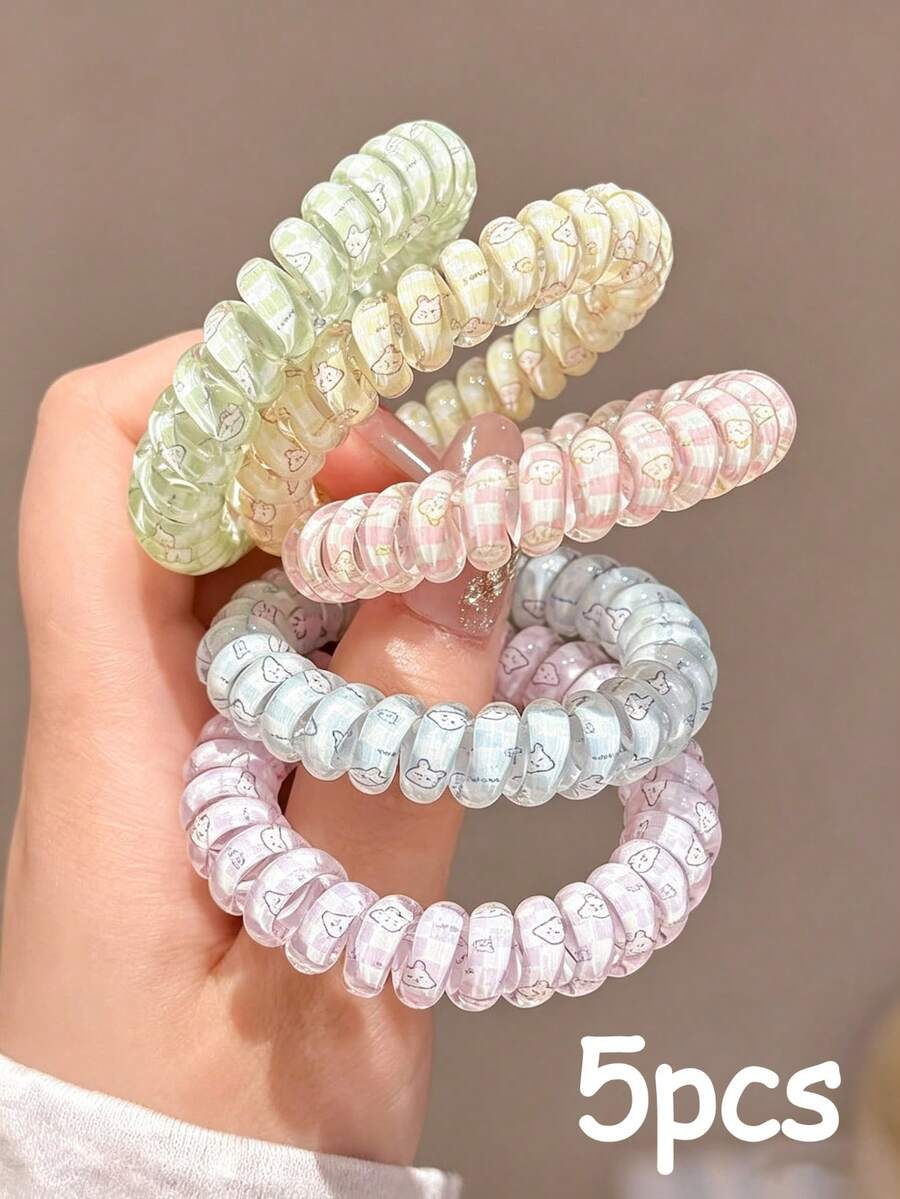 5pcs New Thick Rabbit Print Spiral Hair Ties, High Elasticity Versatile Daily Hair Bands, Minimalist No-Crease Hair Accessories Wristbands - Multicolor - View 1
