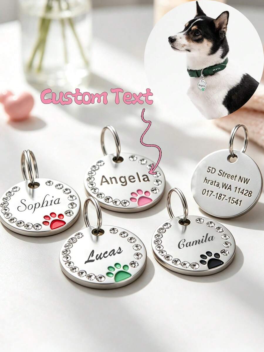 Personalized Diamond-Studded Paw Print Dog Tag, Round Pendant Engraved With Your Pet's Name, Set With Synthetic Diamonds, Suitable For Cat/Dog Collars, Prevents Pets From Getting Lost, Pet ID Tag, Pet Identification Tag - Multicolor - View 1