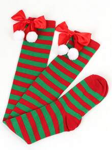 1 Pair Girls/Teens Christmas Socks With Bow And Pom Poms, Over-The-Knee Long Striped Christmas Stockings - Multicolor - View 6