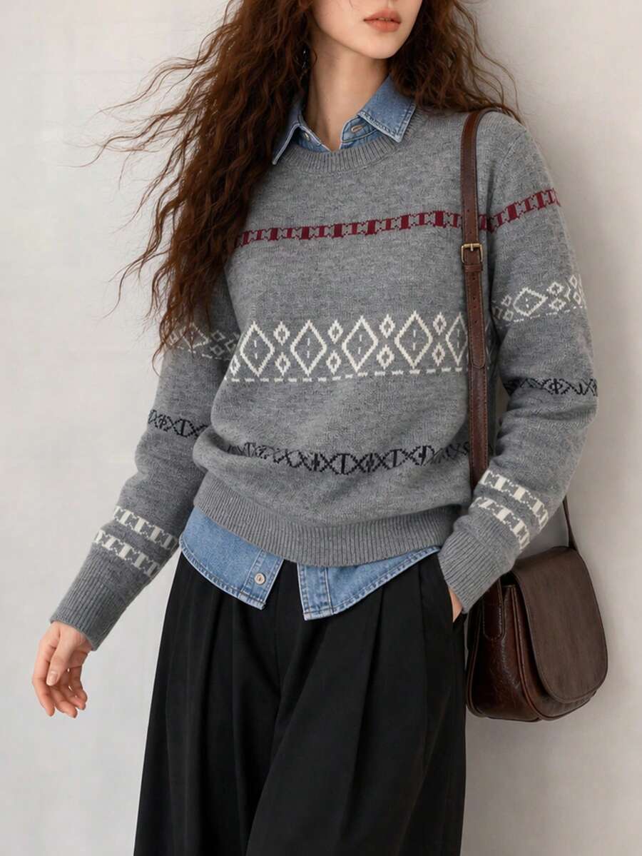 Women's New Autumn/Winter Casual Retro Pattern Crew Neck Pullover Knit Sweater - Grey - View 1