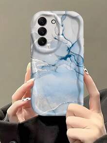 1pc Cream Blue White Ink Marble Ocean Wave Phone Case, White Frame Shockproof Soft TPU Protective Cover, Compatible With GALAXY, HONOR, Phones - White - View 4
