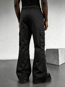 Men's Black Loose Fit Flared Cargo Pants With Multiple Pockets, Versatile Long Pants For Fitness, Hiking, Streetwear, Summer - Black - View 3