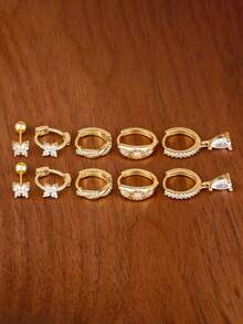 10PCS Light Luxury Water Drop Zirconia Hoop Earrings Set For Woman 18K Gold Plated Stainless Steel Butterfly Helix Ear Stud Daily Wear Jewelry - 10PCS-gold - View 3