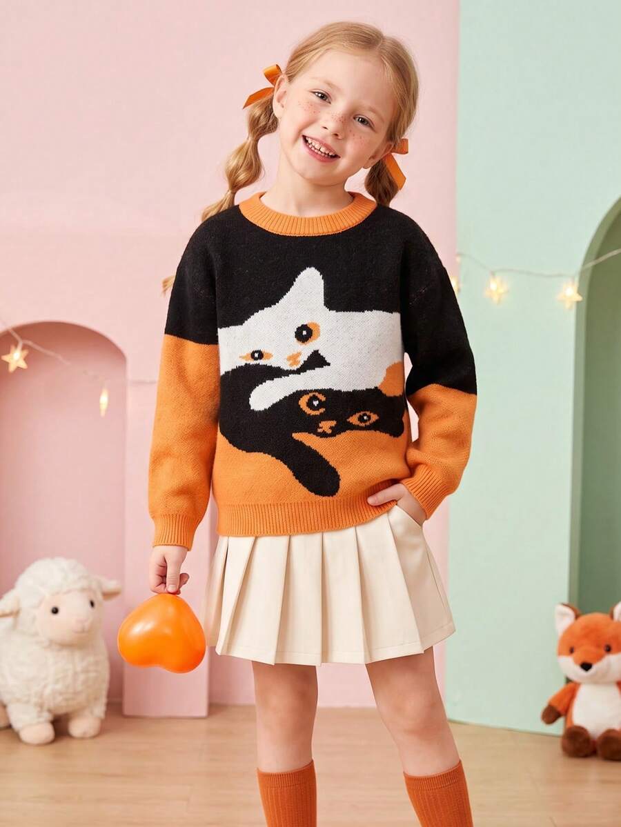 Sweater Anak Perempuan, Pullover Rajut Motif Kucing Warna-warni untuk Remaja Perempuan, Atasan Kasual Nyaman Lengan Panjang Leher Bulat untuk Musim Gugur, Musim Dingin, Sekolah & Pakaian Sehari-hari - MultiWarna - View 1