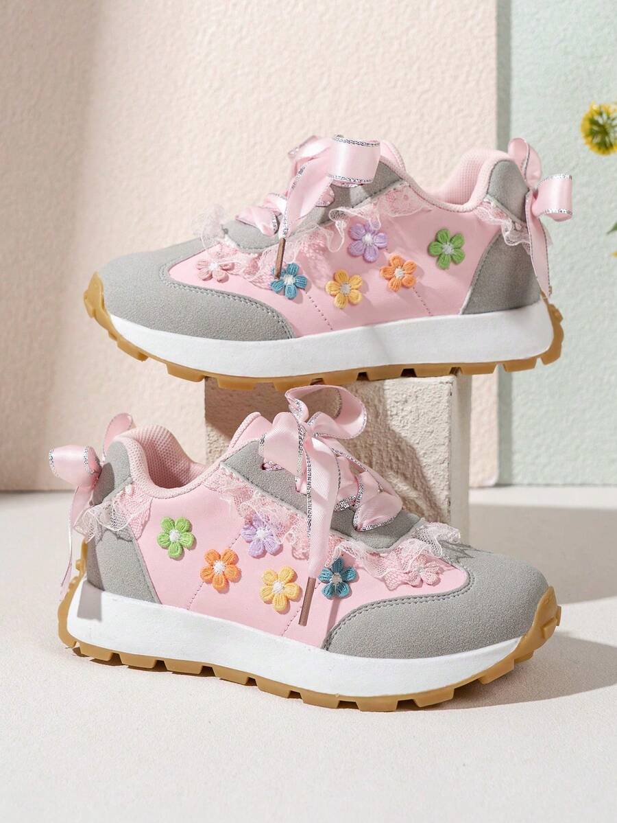 Girls' Colorblock Chunky Sneakers With Colorful Floral Embroidery, Lace Ribbon Bow, Lightweight Non-Slip Soft Sole Casual Sports Shoes - Pink - View 1