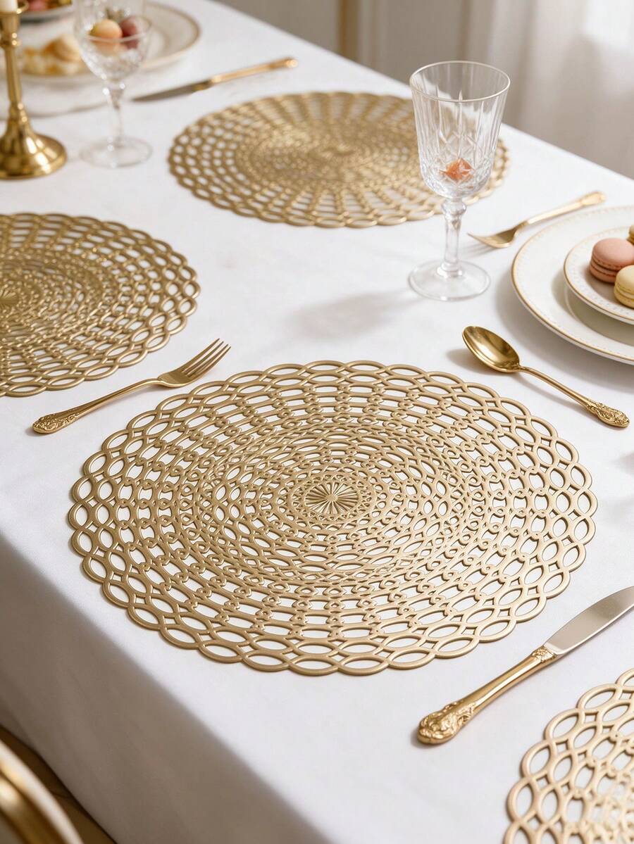 12pcs, Gold Round Hollow PVC Placemats, Washable Tabletop Decor Mats, Non-Slip Odorless Tableware Pads, Durable Highly Attractive Coasters, Suitable For Restaurants, Cafes, Homestays, Fit For Festivals, Parties, Gatherings, Birthdays, Weddings, Dinner Parties. - Multicolor - View 1