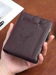 CarrKen 1pc Men's New Multi-Slot Multi-Function European & American Retro Short Solid Color Deer Head Zipper Wallet - Multicolor - View 9