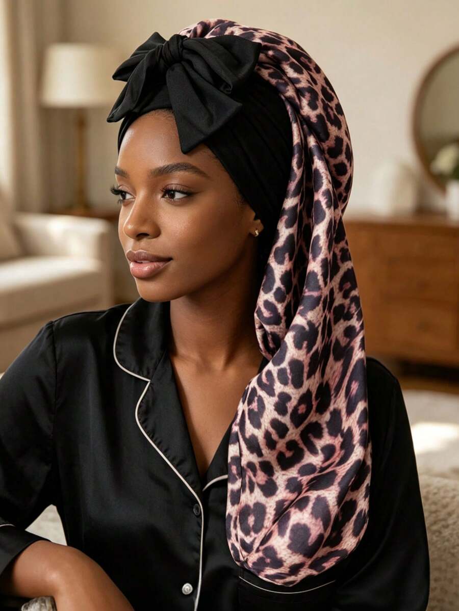 Leopard Print Satin Sleep Bonnet With Bow Tie, Soft Silky Long Hair Protection Night Cap, Adjustable Elastic Hair Bonnet For Women Sleeping - A - View 1