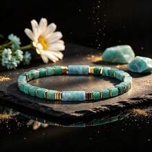 Natural Stone Amazonite Rectangular Bead Bracelet, Courageous Self-Expression Healing Crystal Bracelet, Unisex Versatile Daily Jewelry Gift - Multicolor - View 3