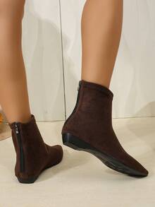 Brown Suede Pointed Toe Flat Ankle Boots For Women, Autumn/Winter, Back Zipper, Elastic, Slimming, Versatile - Brown - View 6