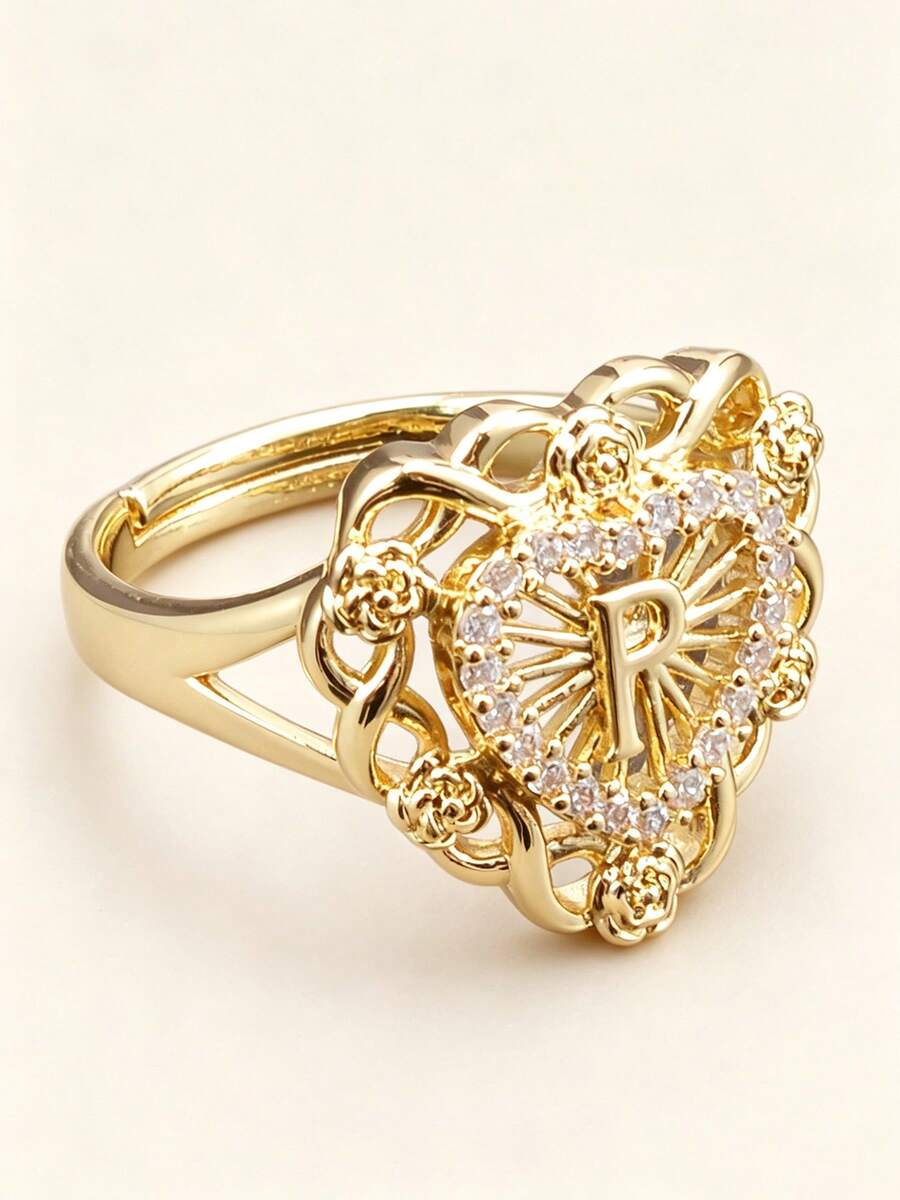 1 pieza Anillo ajustable elegante y de moda con flor de rosa y 26 letras, regalo de joyería - Amarillo Oro - Ver 1