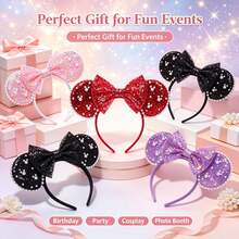 Disney 4Pcs Mouse Ear Headbands, Pearl Trim Glitter Sequin Bow Hair Hoop Set For Theme Park, Holiday & Cosplay Event - Multicolor - View 6