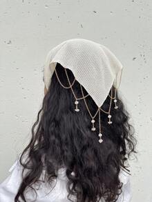 1件原創花卉圖案女款刺繡捲邊珠鏈裝飾髮帶，適合日常與度假使用 - 白色 - 查看 2