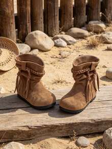 1 Pair Children's Vintage Woven Tassel Slouchy Mid-Calf Boots, Suitable For Outdoor Trips, Suitable For Activities And Parties, Suitable For Daily Wear, Suitable For Autumn And Winter - Khaki - View 3