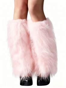 1 Pair Women Pink Fluffy Faux Fur Leg Warmers, Shaggy Long Boot Cuffs Y2K Rave Party Cosplay Fuzzy Leg Socks - Pink - View 4