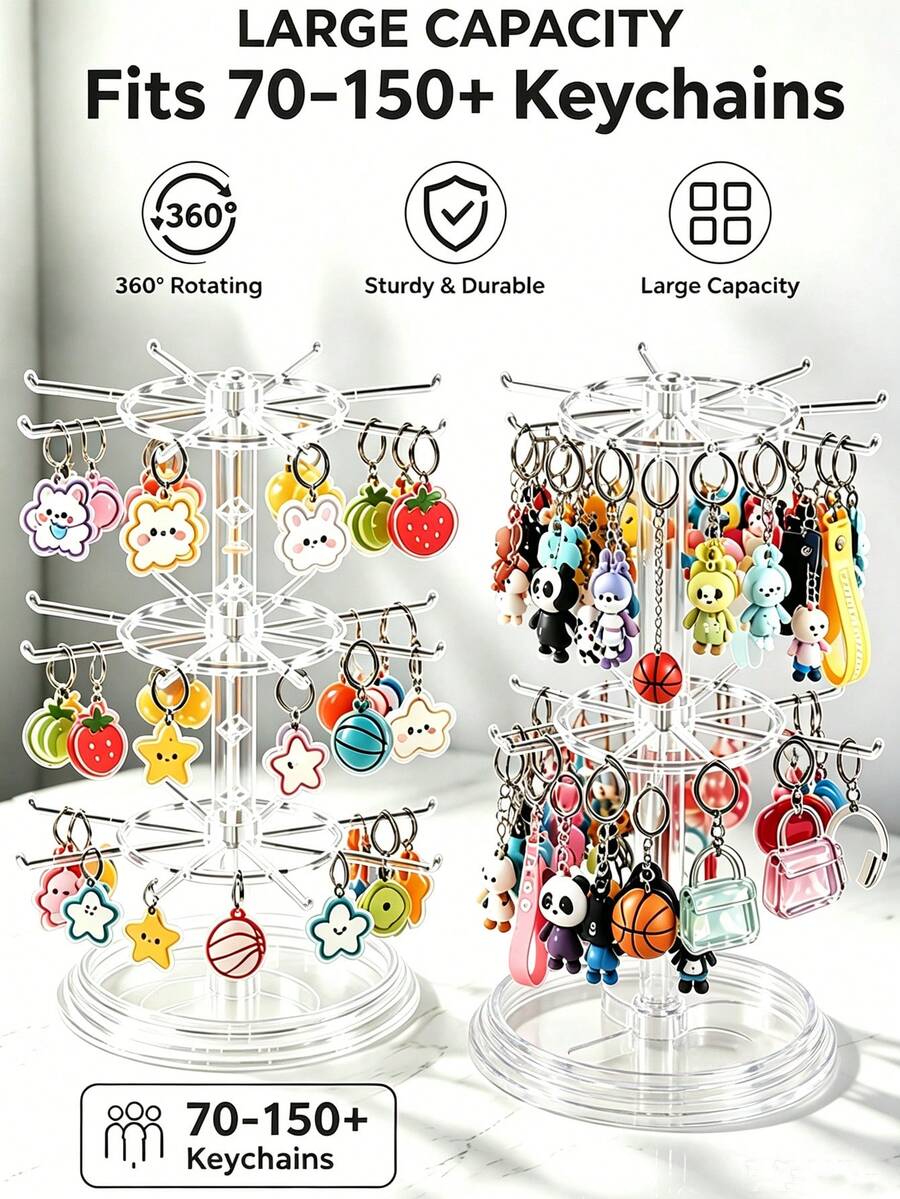 Multi-Functional Keychain Organizer Rack, 16-24 Hooks, 360° Rotating, Adjustable Height, Can Store Keychains, Jewelry, Brooches, Accessories, Capsule Toys, Desktop Decoration, Christmas, Valentine's Day, Back To School Gifts - Clear - View 1