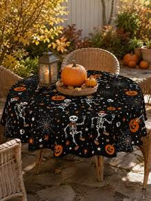 1pc Halloween Skeleton Print Polyester Tablecloth, Black Dancing Skeleton, Pumpkin, Spider Web, Star And Spider Pattern Rectangular Table Cover For Halloween Party, Dining Table, Kitchen And Home Decor - Multicolor - View 7
