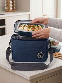 1 Insulated Lunch Bag With Bear Pattern - Soft Cooler Lunch Box For Adults, Men And Women, Waterproof Portable For Office Use, Keeps Food Fresh And Delicious, Christmas Holiday Gift - Navy Blue - View 2
