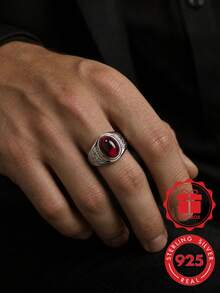 925 Sterling Silver Men's Elegant Minimalist Fashion Ring, Inlaid With Red Synthetic Zirconia, Exquisite Design, Suitable For Daily Wear, Gift, Party, Fashion Accessory, Premium Choice For Elegant Men's Jewelry. - Silver - View 7