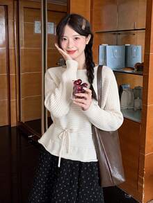 Korean Style Design Lace-Up Ruffle Waist Knit Sweater Women Autumn/Winter New Versatile Elegant Slimming Top - Apricot - View 4