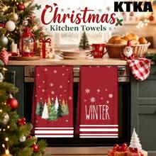 2 buah Lap Dapur Natal, Latar Belakang Merah dengan Motif Pohon Natal & Slogan "Hello Winter", Handuk Dapur Dekorasi Rumah Natal Liburan - Red and White - View 7