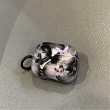 Cool Black & Gray Gradient Pink Purple Butterfly Earphone Protective Case, Wavy Edge Soft Shell, Black & Gray Misty Ink Gradient Background With Multiple Pink Purple Gradient Butterflies, Paired With Simple English Text, Sweet & Cool Vibe. Side Equipped With Black Round Hanging Ring, Can Add Hanging Rope Accessories, Convenient For Carrying And Storing Earphones When Going Out. - Black - View 2