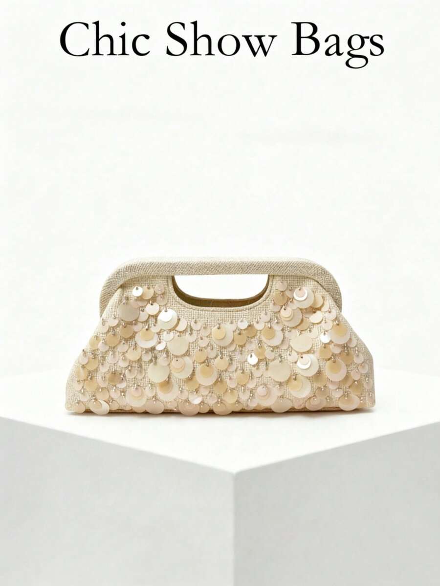 Women's Clutch Bag, Shell Sequin Pattern Linen Fabric Handle Evening Bag, Elegant Vintage Handbag, Suitable For Wedding Party Cocktail Party Dance Dinner - Beige - View 1