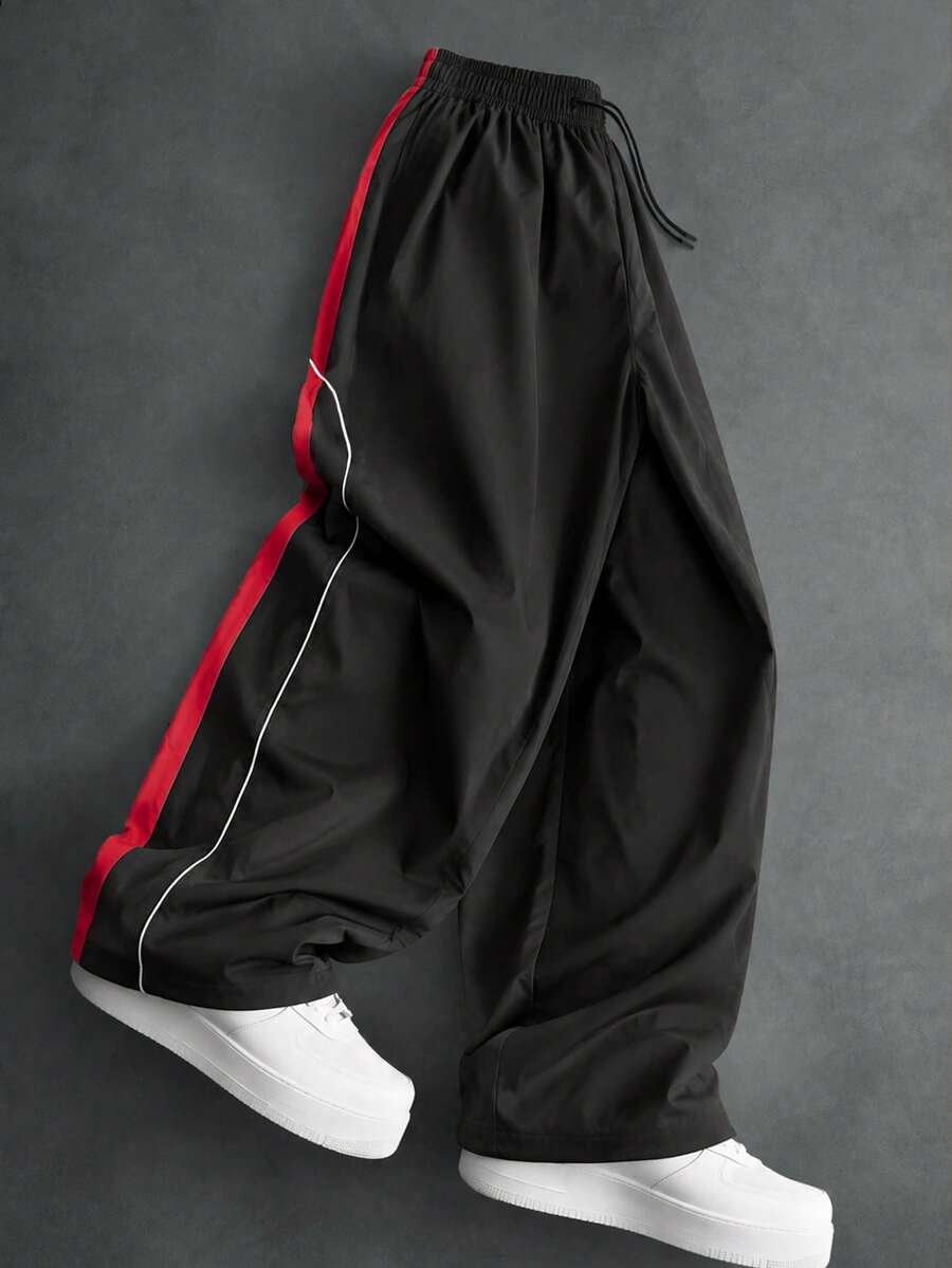 Men's Drawstring Sweatpants, Striped Wide Leg Track Pants, Slant Pockets, Hip-Hop Casual Sports Summer Streetwear For City Breaks - Black - View 1