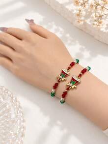 Christmas Beaded Charm Bracelet For Women With Santa Claus, Snowman, Reindeer, Bell, Wreath And Christmas Tree Design, Red And Green Holiday Jewelry - Multicolor - View 13