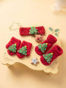 3pcs/Set Christmas Tree Gloves + Headband + Socks 3-Piece Set, Cute Children's Socks And Headband Set, Holiday Gift Set For Newborns, Christmas Outfit, Baby Christmas Gift - Red - View 8