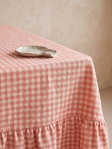 1pc Pink And White Small Checkered Tablecloth, Warm Pastoral Style, Fabric Material, Rectangular Long With Ruched Edge And Pleated Detail, Decorative And Functional, Suitable For Daily Home Dining Scenes - Pink - View 3