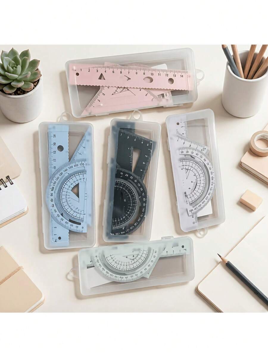 Multifunctional Geometric Ruler Set, Protractor, Triangle Ruler, Straight Ruler, Manual Measuring And Drawing Tools With Storage Box, 4 Colors Available: Pink, Mint Green, Light Blue, Taro Purple, For School, Woodworking, DIY - Multicolor - View 1