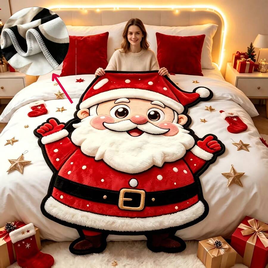 1PC Cartoon Santa Claus Shaped Plush Blanket, Cartoon Christmas Holiday Sofa Bedroom Decorative Throw Blanket - Multicolor - View 1