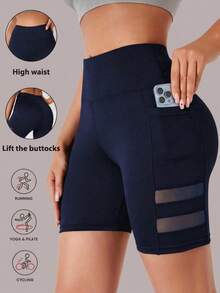 Deybera Women's High Waist Biker Shorts, Butt Lifting Mesh Panel Workout Shorts With Side Pockets For Running, Yoga, Pilates & Cycling - Navy Blue - View 1
