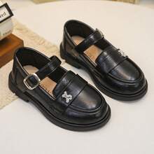 1 Pair Girls Rhinestone Decor Synthetic Fabric Non‑Slip Round Toe Buckle Strap Low Block Heel Preppy Mary Jane Shoes For School Daily - Black - View 10