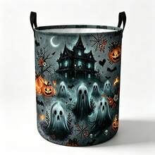 1PC Halloween Decorative Storage Basket, Spooky Ghost Haunted House Pumpkin Bat Spider Web Moon Floral Print Organizer Bin, Multi‑Functional For Clothes Sundries Storage, Home Decor / Fall Decor / Room Decor - Multicolor - View 8