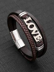 1pc Stainless Steel LOVE Leather Bracelet, Minimalist Multi-Layer Handmade Woven Bangle, Fashion Street Style Accessory - Love - View 5