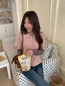 Women's American Vintage Striped Sleeve Patchwork Solid Color 2 In 1 Knit Polo Shirt, Casual Top For Autumn/Winter - Pink - View 4