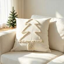 1pc Flocked Embroidered Christmas Tree Pillow Case, Holiday Decor Canvas Embroidery Home Backrest Bedroom Cushion Cover, Pillow Insert Not Included - Beige - View 12