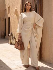 Women's Solid Color Long Sleeve Top And Pants Arabic Set - Apricot - View 3