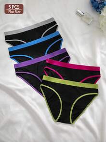 5pcs Women Plus Size Contrast Color Elastic Waist Casual Comfortable Knit Triangle Panties - Multicolor - View 1
