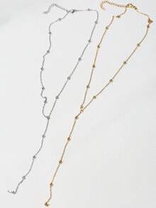 1pc 18K Gold Plated Stainless Steel Double Layer Minimalist Long Y-Shaped Chain Necklace With Ball Pendant, Women's - Single-layer - View 2