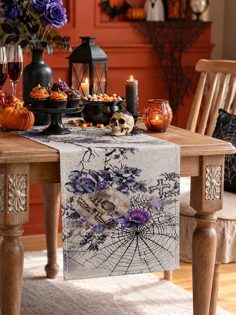 1 pieza Camino de mesa de lino con estampado floral de calavera de Halloween, decoración de mesa rectangular gótica vintage con cuervo, telaraña, flores moradas y estampado de calavera, decoración de mesa espeluznante para fiestas y el hogar - Multicolor - Ver 1