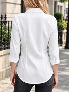 Women's Button-Front White Long Sleeve Linen Shirt, Slim Fit Collared Work Commute Top - White - View 2
