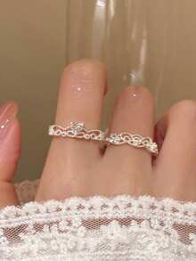 4pcs/Set Cincin Terbuka Dekorasi Hati Pita Bunga Berongga Modis, Cocok untuk Pemakaian Sehari-hari Wanita - Perak - View 4